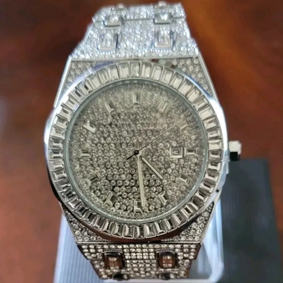 Mens Full Covered Iced Out Round & Baguette Bling Simulated Diamond Quartz Watch - Picture 13 of 13
